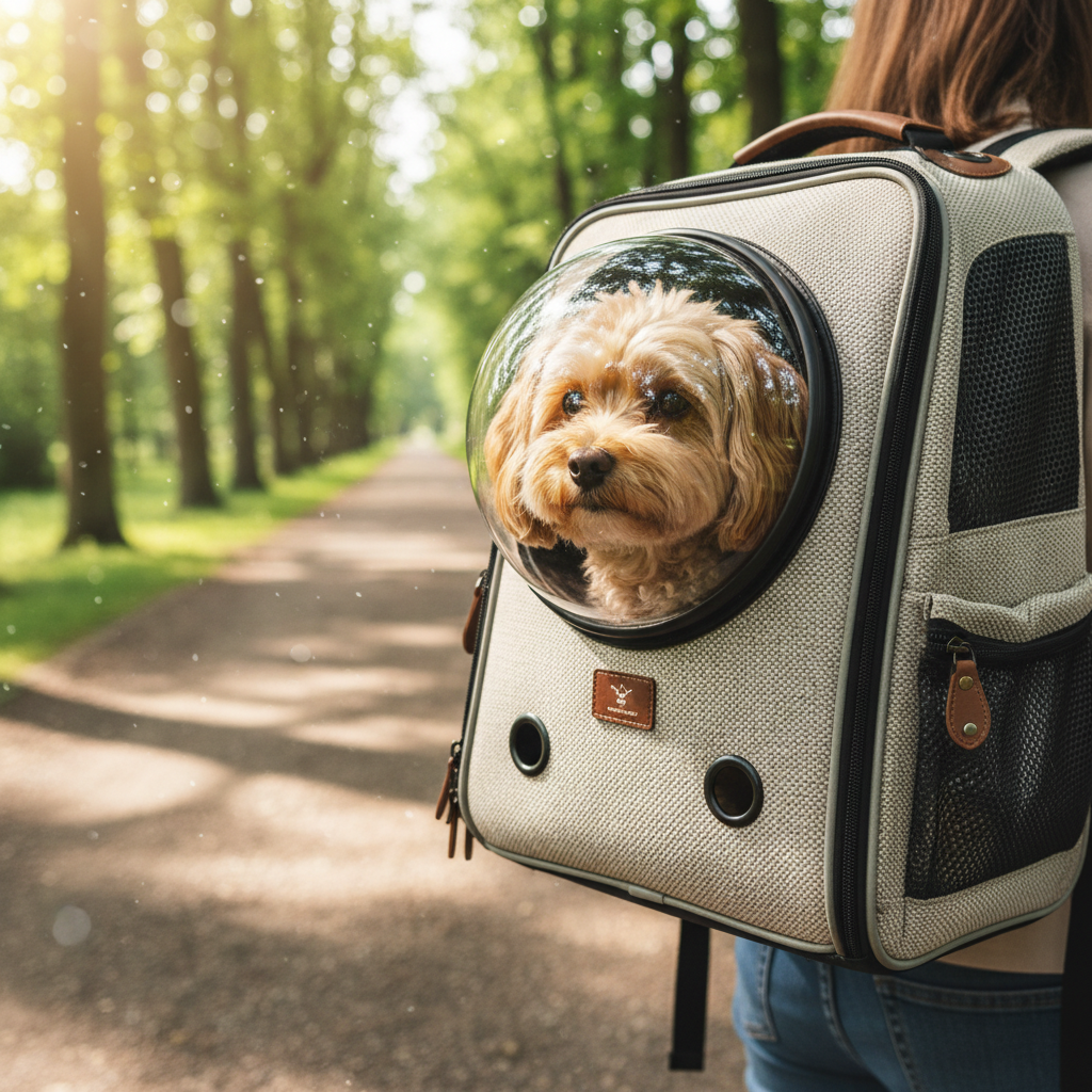 밝은 햇살이 내리쬐는 산책로에서 소형견이 투명한 우주선 모양의 창이 달린 반려동물 백팩 안에 편안하게 앉아 밖을 구경하는 고해상도 실사 사진. 백팩의 견고한 질감과 강아지의 부드러운 털이 생생하게 표현됨.